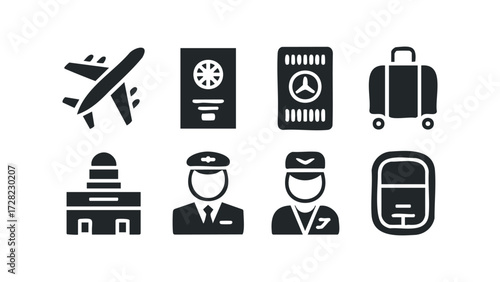 Travel icons set with airplane passport luggage and crew. Vector hand drawn illustration