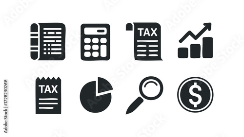 Financial icons for taxes, calculator, charts, and coin. Vector hand drawn illustration