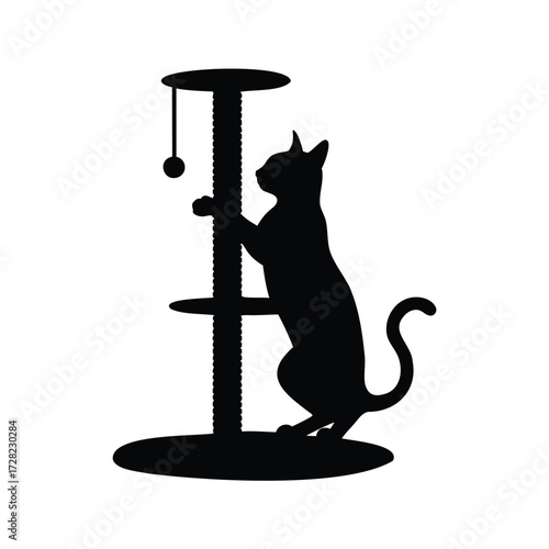 Silhouette of a cat playfully interacting with a cat tree toy, cat scratching post silhouette vector illustration