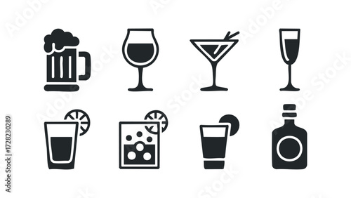 Set of simple drink icons with alcohol and non-alcoholic beverages. Vector hand drawn illustration