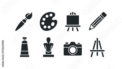 Collection of basic artist tool icons including brush and palette. Vector hand drawn illustration