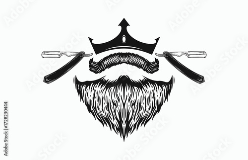 Majestic kingly beard and mustache with vintage straight razors, embodying classic barbershop style and masculine grooming excellence.