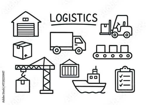 Logistics icons: warehouse, truck, forklift, conveyor, ship, crane, checklist