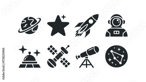Space exploration icons set with planet, rocket, astronaut. Vector hand drawn illustration