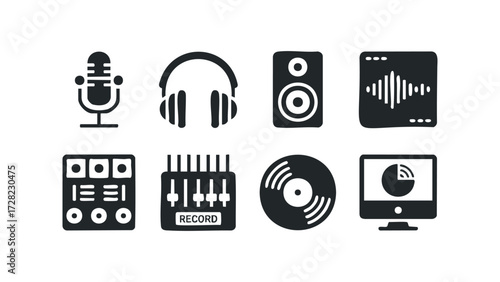 Music production and sound equipment icons. Vector hand drawn illustration