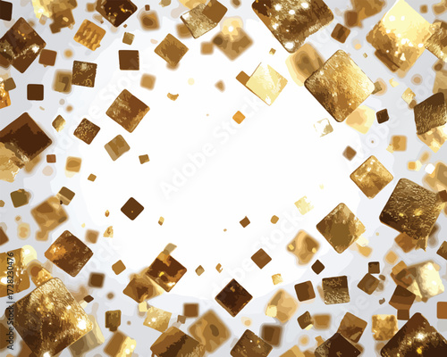 きらめく金色の正方形の粒子が、中央の明るい空間を取り囲むように華やかに舞い散る、祝祭的で豪華な抽象的なベクター背景イラストレーション。
