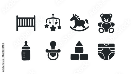Set of baby care and play icons. Vector hand drawn illustration