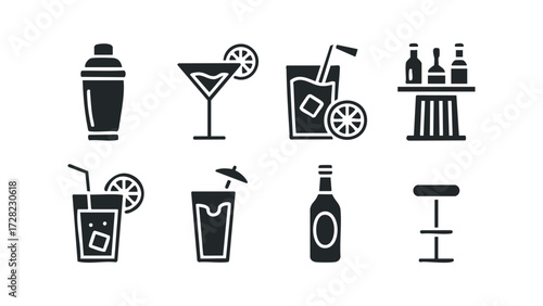 Cocktail shaker, martini, and drinks with citrus slices. Vector hand drawn illustration