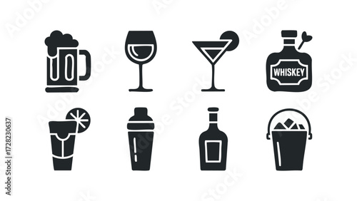 Collection of black drink and beverage icons. Vector hand drawn illustration