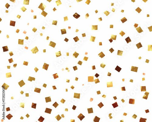 白い背景にきらめく金色の四角い紙吹雪が舞い散る、祝祭的な雰囲気を演出する華やかなベクターイラストレーション。