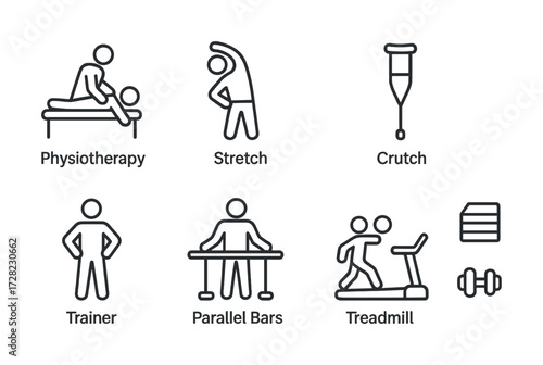 Rehabilitation and physiotherapy icons: crutch, stretch, treadmill, trainer, parallel bars