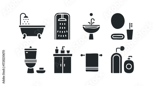 Bathroom furniture and accessories icons. Vector hand drawn illustration