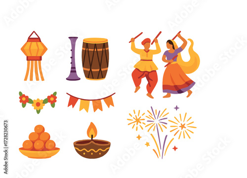 Diwali festival elements with lantern, drum, dancers, fireworks, and sweets