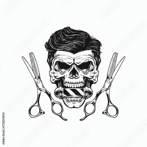 Edgy skull with barber pole and scissors embodies the spirit of a classic barbershop and modern style.