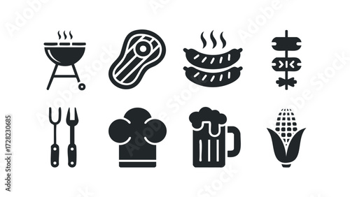 Barbecue grill steak sausage beer corn icons. Vector hand drawn illustration