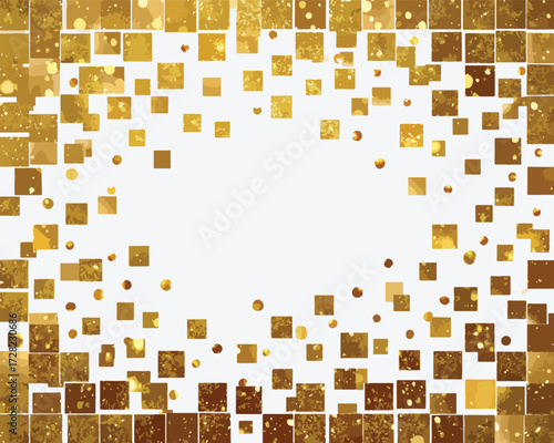 白い背景に大小様々な金色の四角と輝くドットが散りばめられ、中央に広がる空間を囲むエレガントで華やかな抽象的フレームデザイン