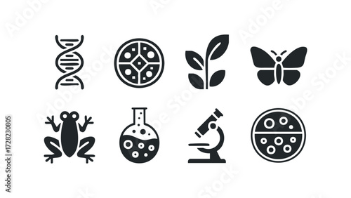 Collection of biology science icons including DNA and microscope. Vector hand drawn illustration