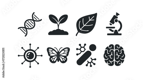 Collection of science and biology related graphic icons. Vector hand drawn illustration