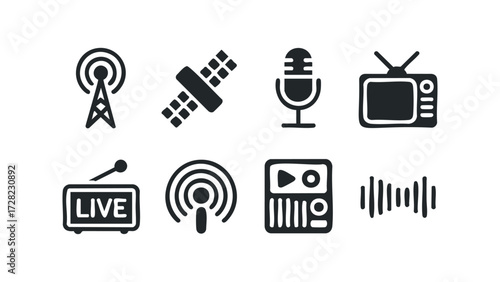 Communication technology icons group set broadcasting and signal. Vector hand drawn illustration