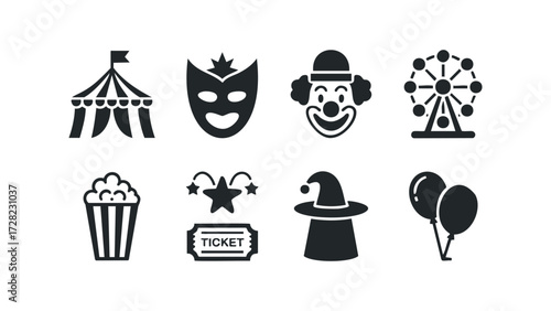 Collection of circus and carnival icons. Vector hand drawn illustration