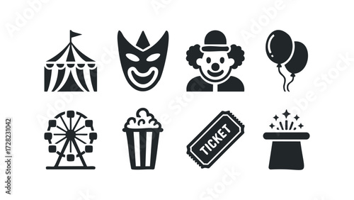 Circus icons for entertainment and fun. Vector hand drawn illustration