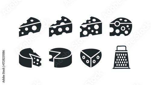 Collection of Cheese Icons and Grater Symbol. Vector hand drawn illustration