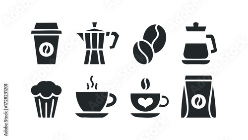 Coffee shop icons set with cup and beans. Vector hand drawn illustration