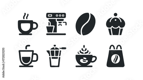 Coffee shop icons for cafe business and beverage. Vector hand drawn illustration