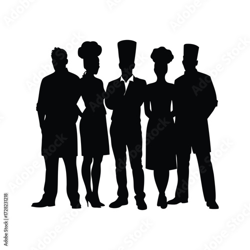 Silhouette of a Team of Chefs Wearing Uniforms and Chef Hats, chef team working together silhouette vector illustration