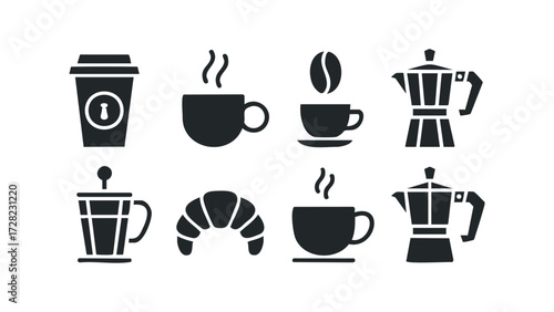 Collection of coffee and pastry icons. Vector hand drawn illustration