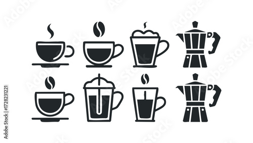 Collection of coffee drinks and brewing equipment icons. Vector hand drawn illustration