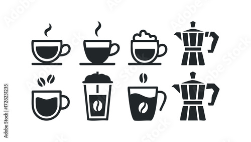 Coffee cup and moka pot icons with steam and beans. Vector hand drawn illustration