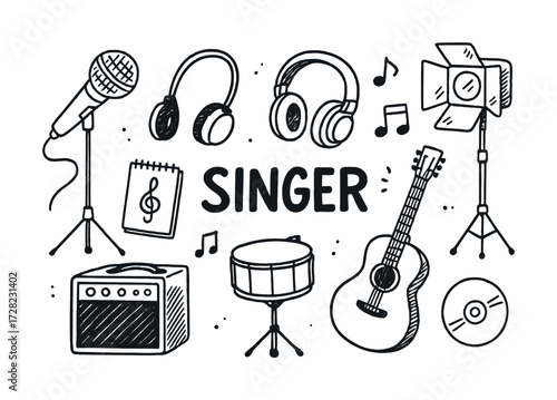 Musical instruments and equipment doodles with microphone, guitar, and notes