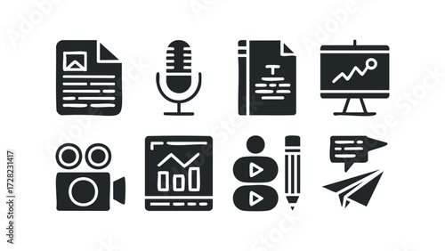 Set of icons for media creation and communication. Vector hand drawn illustration