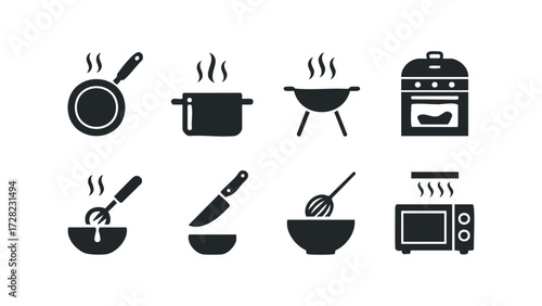 Collection of kitchenware and cooking appliance icons. Vector hand drawn illustration