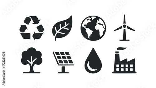 Environmental conservation and renewable energy icons collection. Vector hand drawn illustration
