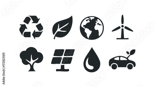 Collection of environmental conservation icons including leaf and globe. Vector hand drawn illustration