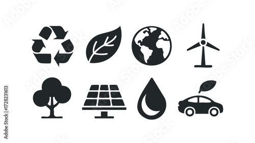 Collection of eight environmental protection icons. Vector hand drawn illustration