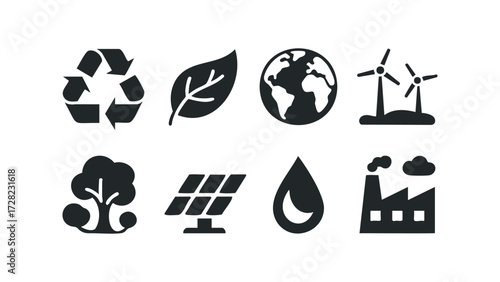 Set of flat icons representing environmental and energy themes. Vector hand drawn illustration