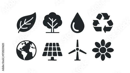 Environmental conservation icons including leaf, tree, water drop, recycle, earth, solar, wind, flower. Vector hand drawn illustration