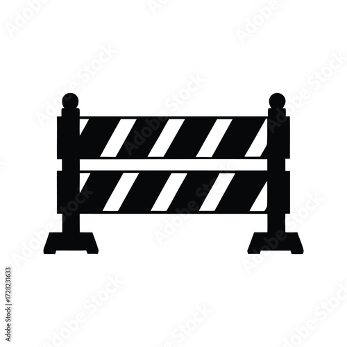 Black and white striped construction barrier with ball finials for safety, construction site fence silhouette vector illustration