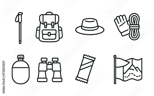 Essential hiking gear icons: backpack, hat, gloves, rope, water, binoculars, snack, map