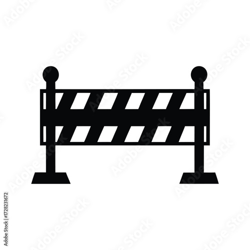 Black and white silhouette illustration of a striped traffic barrier construction icon, construction site fence silhouette vector illustration