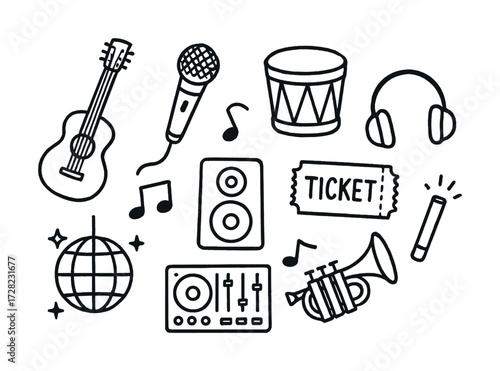 Hand-drawn music elements including instruments and accessories on white background