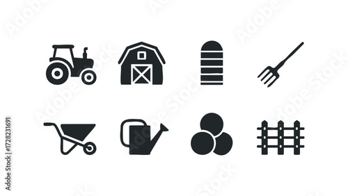 Farm icon set with tractor, barn, silo, fork, cart, watering can, and fence. Vector hand drawn illustration