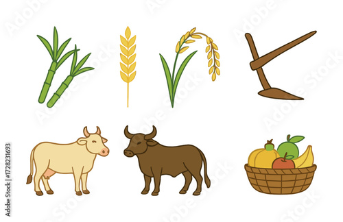 Agricultural icons: sugarcane, wheat, rice, plow, cows, and harvest basket