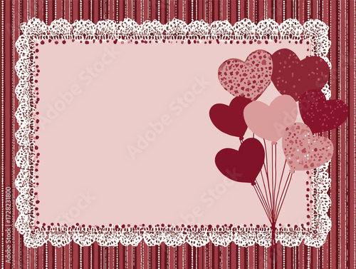 優雅な白いレースのフレームと、様々な赤とピンクのハート型風船がロマンチックな雰囲気を醸し出す、愛と祝福をテーマにしたベクターイラストレーション。