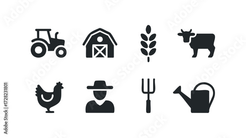 Agricultural icons collection featuring tractor, barn, wheat, cow, chicken, farmer, pitchfork, watering can. Vector hand drawn illustration