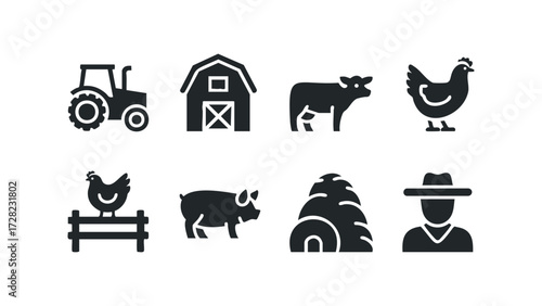 Farm Icons Set Tractor Barn Cow Chicken Pig Hay Farmer. Vector hand drawn illustration