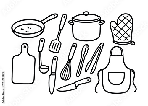 Kitchen tools: frying pan, pot, oven mitt, cutting board, knife, whisk, spatula, tongs, apron